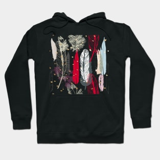 Feathers Pattern, Red Pink, Blue Grey and Gold Specks Hoodie